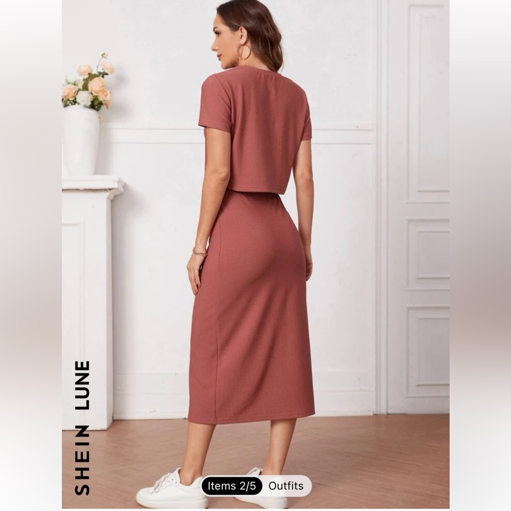 SHEIN LUNE Solid Tee & Straight Skirt large 8/10 new rose red pink set top shirt - Picture 2 of 3